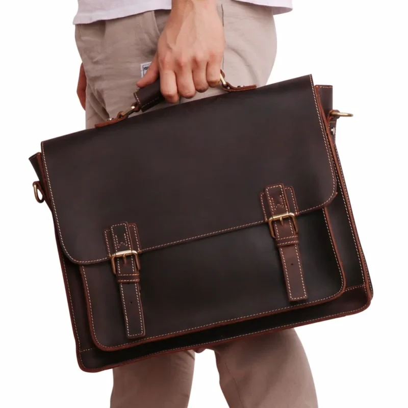 Crazy Horse Leather Briefcase with 15.6" Laptop Compartment for Men - Vintage Professional Messenger Bag - Image 2