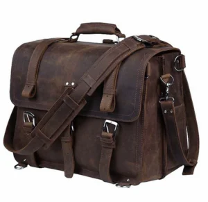 Full Grain Crazy Horse Leather Briefcase with 15.6" Laptop Compartment for Men - Vintage Executive Business Bag