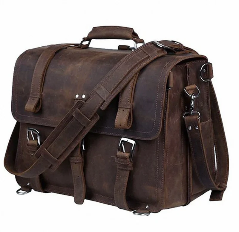Full Grain Crazy Horse Leather Briefcase with 15.6" Laptop Compartment for Men - Vintage Executive Business Bag