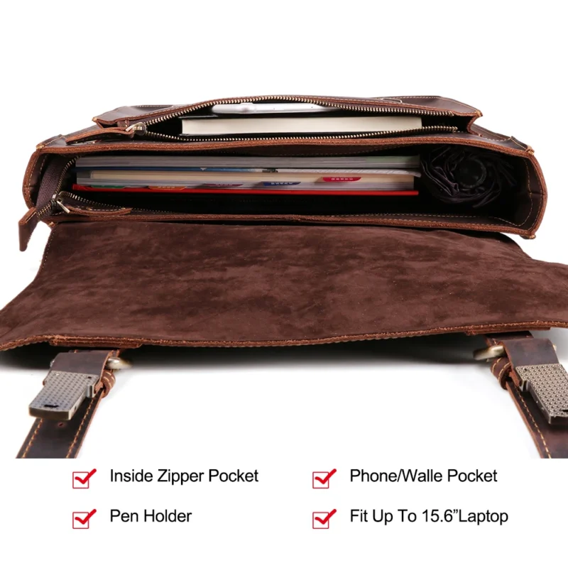 Crazy Horse Leather Briefcase with 15.6" Laptop Compartment for Men - Vintage Professional Messenger Bag - Image 6