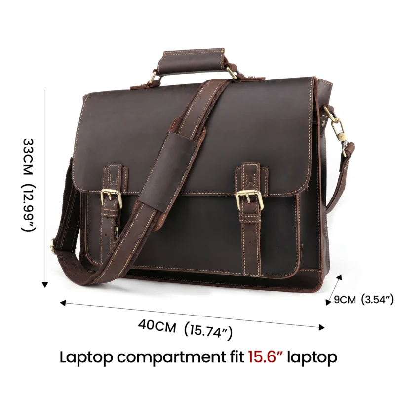 Crazy Horse Leather Briefcase with 15.6" Laptop Compartment for Men - Vintage Professional Messenger Bag - Image 3