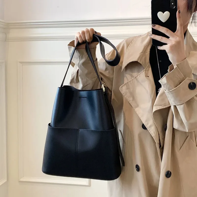 Vegan Leather Bucket Bag Multi-Pocket Shoulder Tote for Women - Professional Everyday Hobo Handbag - Image 2