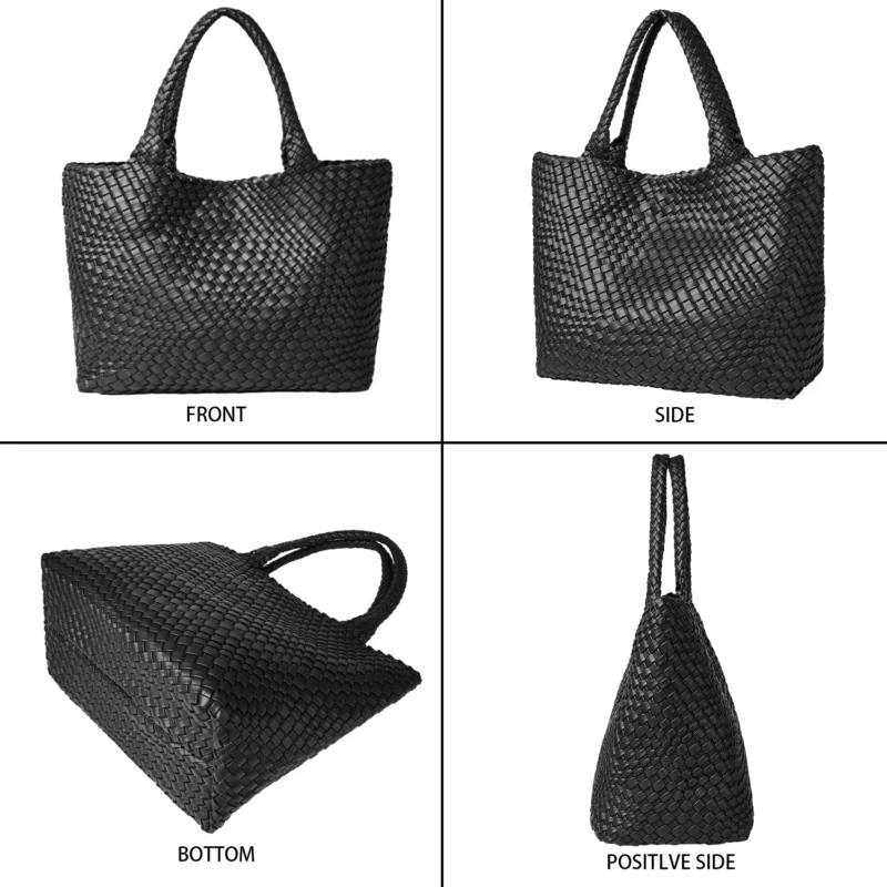 Woven Vegan Leather Tote Bag with Shoulder Straps - Fashion Summer Beach Travel Handbag - Image 6