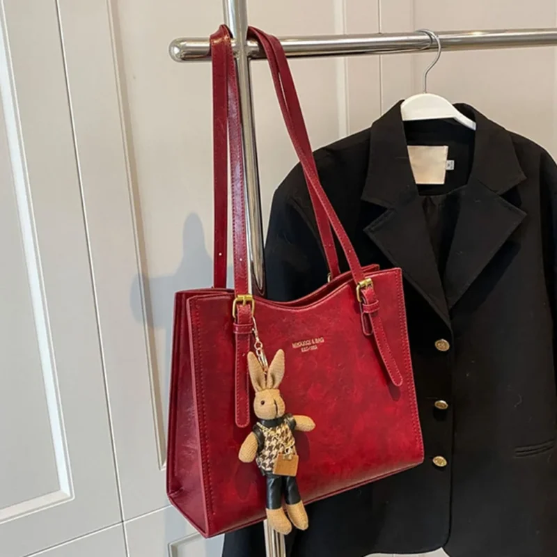 Vintage PU Leather Slouchy Tote Shoulder Bag with Pendant - Women's Fashion Travel Handbag - Image 7