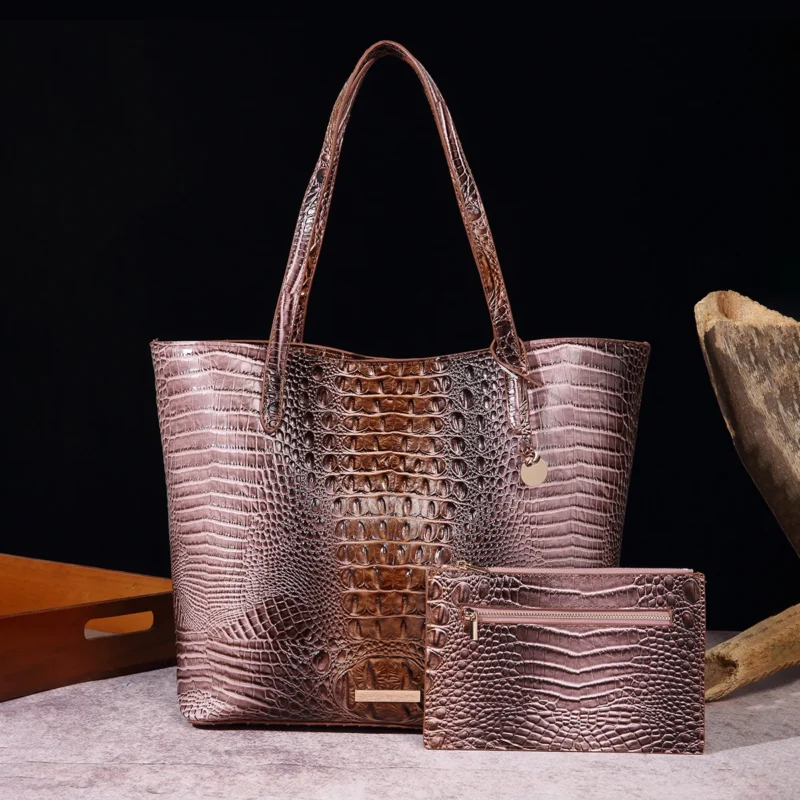 Crocodile Pattern Vegan Leather Work Tote with Matching Pouch - Professional Women's Shoulder Bag - Image 17