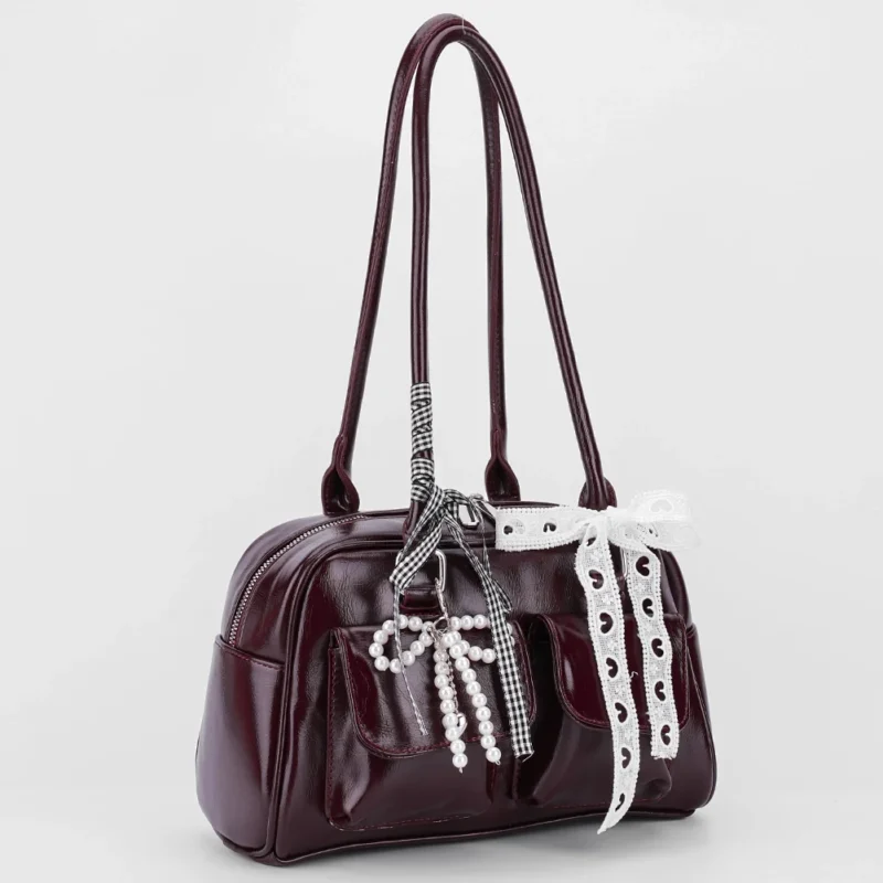 Y2K Bow Knot PU Leather Shoulder Bag - Sweet Underarm Tote with Double Pockets for Women - Image 2