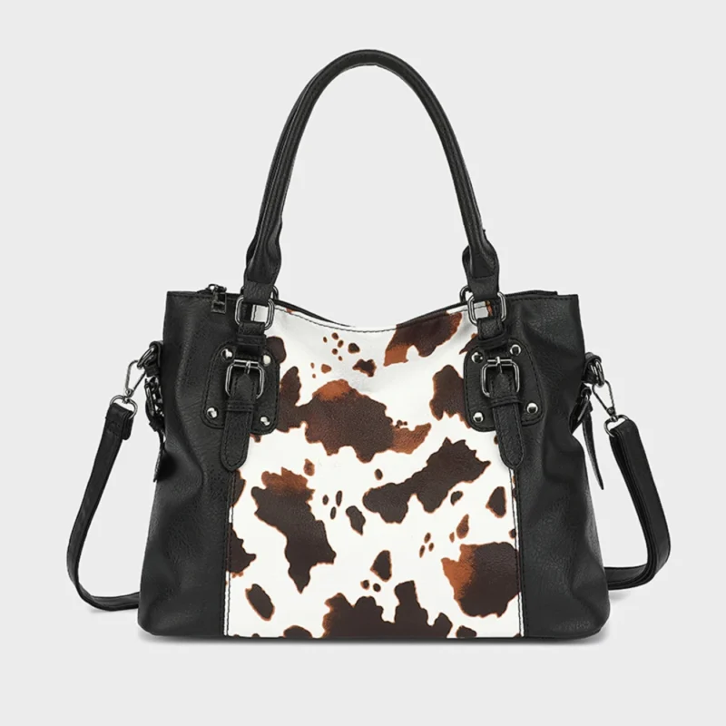 PU Leather Cow Pattern Work Tote Bag with Multi-Pockets for Women - Professional Designer Shoulder Bag - Image 8