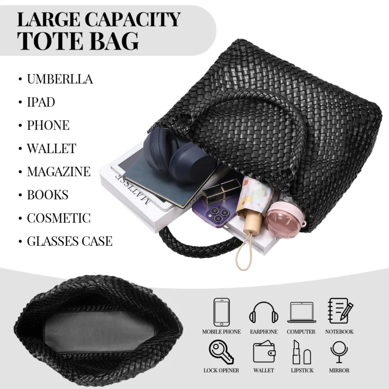 Woven Vegan Leather Tote Bag with Handle for Women - Professional Work & Travel Companion - Image 5