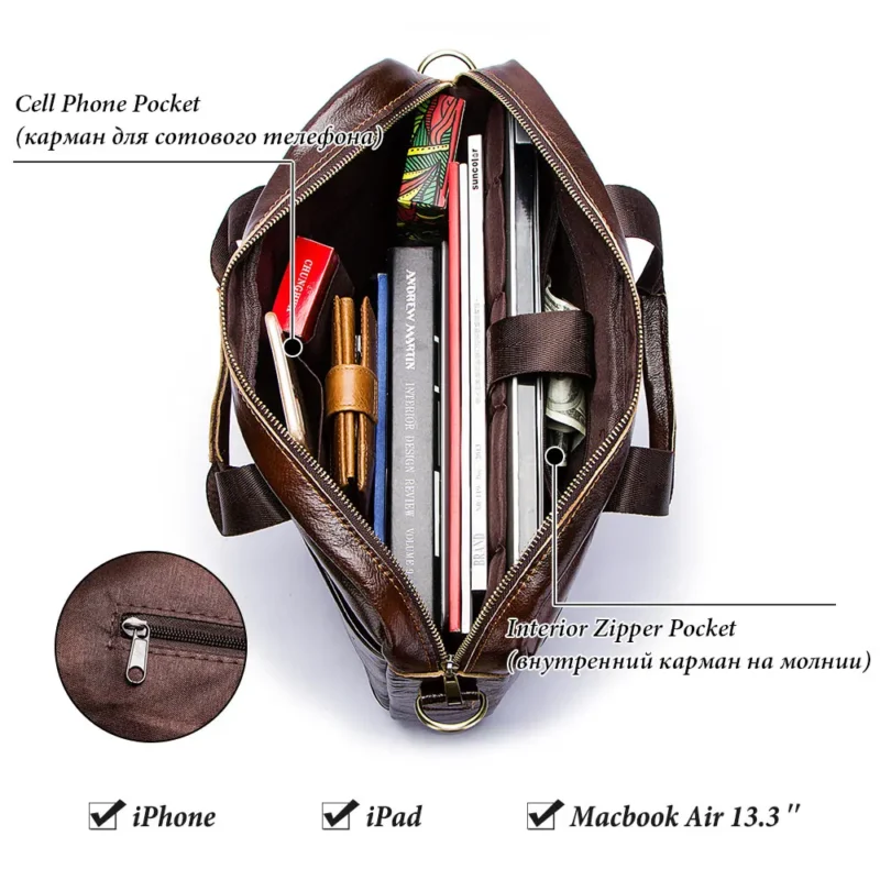 Full Grain Cow Leather Briefcase with Laptop Compartment for Men - Professional Business Messenger Bag - Image 2