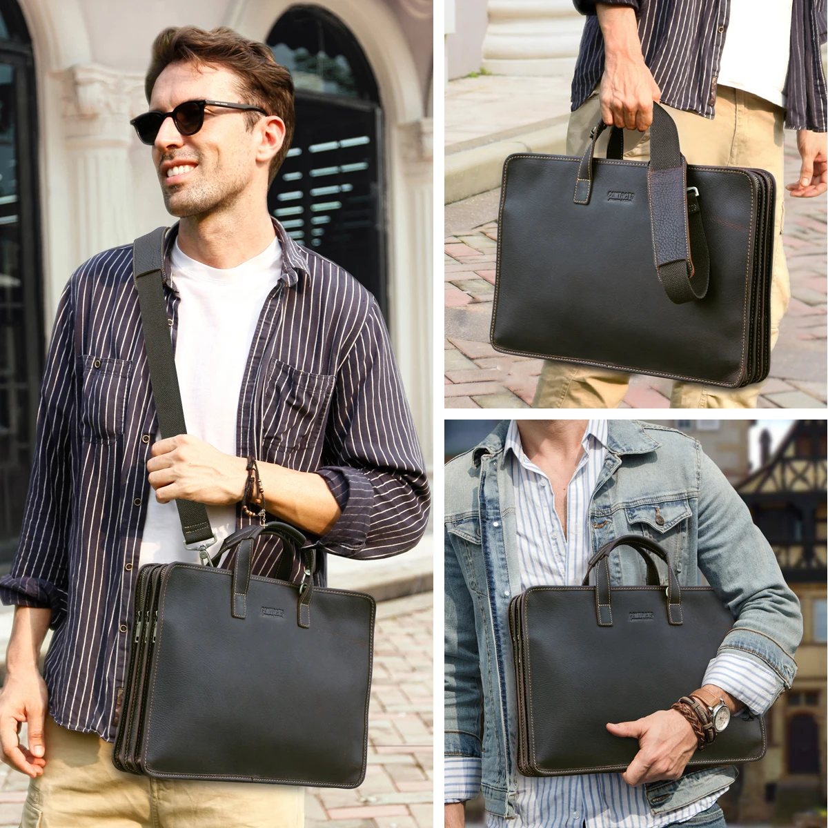 Full grain leather messenger bag showing spacious interior compartments