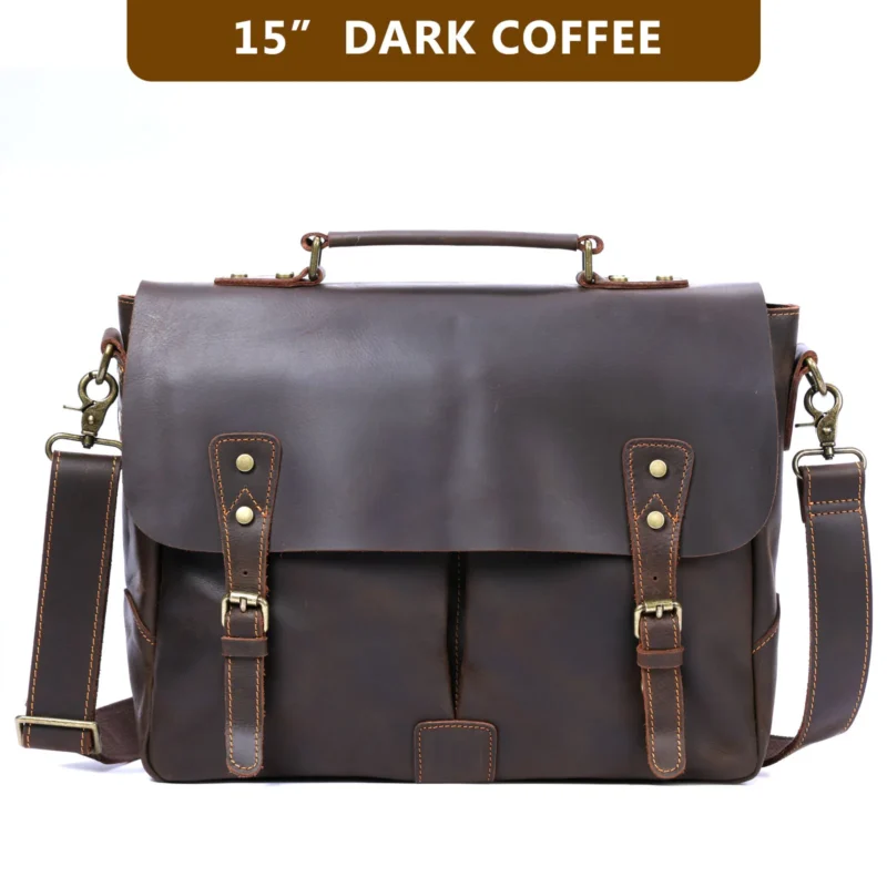 Full Grain Leather Briefcase for Men - Vintage Cowhide Laptop Messenger Bag with Multiple Compartments - Image 9