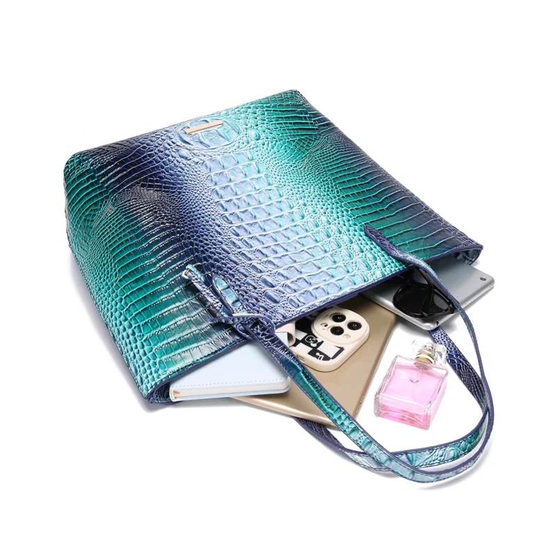 Crocodile Pattern Vegan Leather Work Tote with Matching Pouch - Professional Women's Shoulder Bag - Image 3