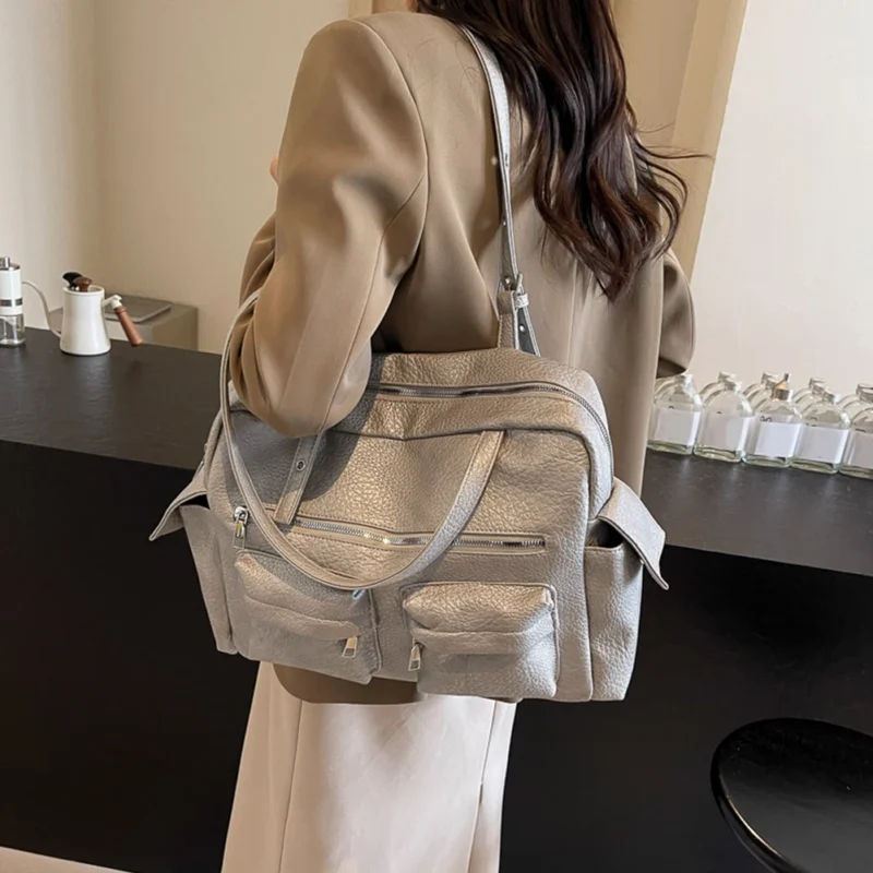 Vegan Leather Shoulder Bag for Women - Professional Multi-Pocket Commuter Tote with Adjustable Strap - Image 7