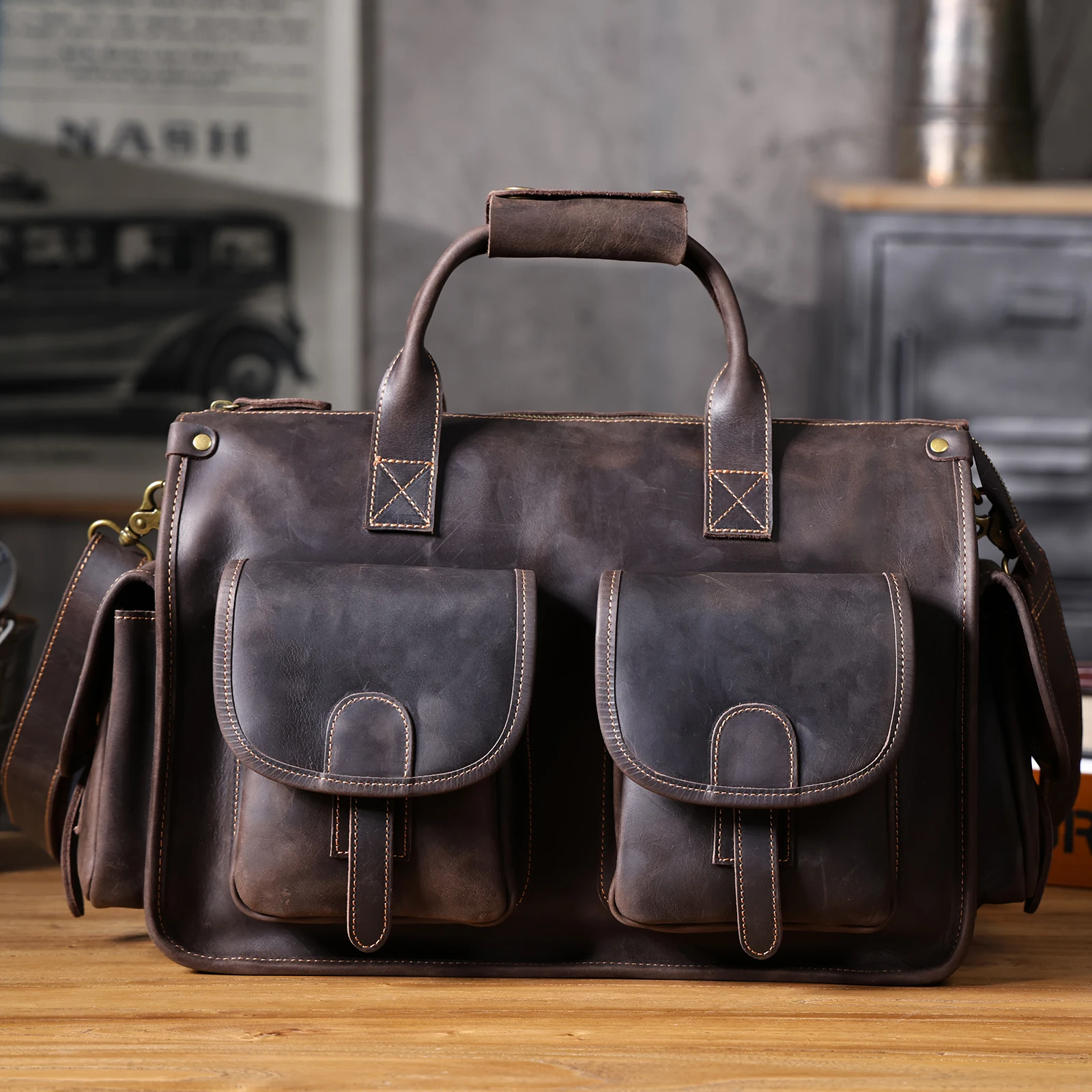 Vintage brown leather briefcase showing rich color variation in Crazy Horse leather