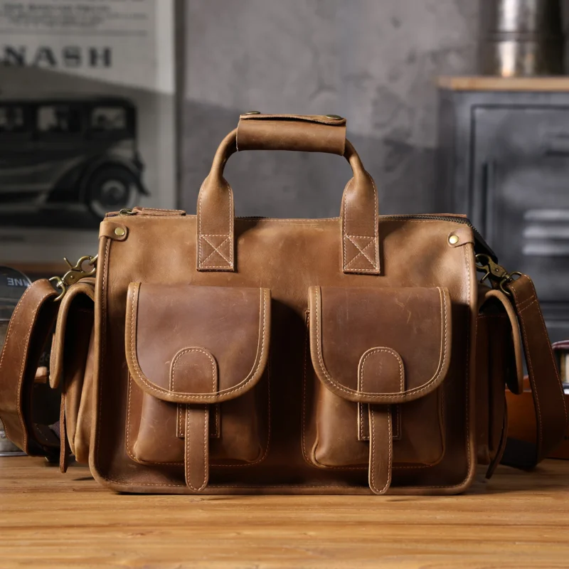 Crazy Horse Cowhide Leather Briefcase with 14-inch Laptop Compartment - Vintage Professional Messenger Bag - Image 9
