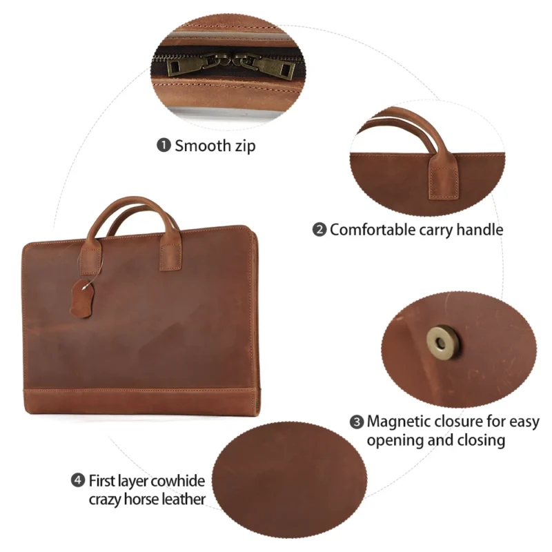 Genuine Crazy Horse Leather Briefcase with 15.6" Laptop Compartment - Vintage Business Portfolio Organizer - Image 6