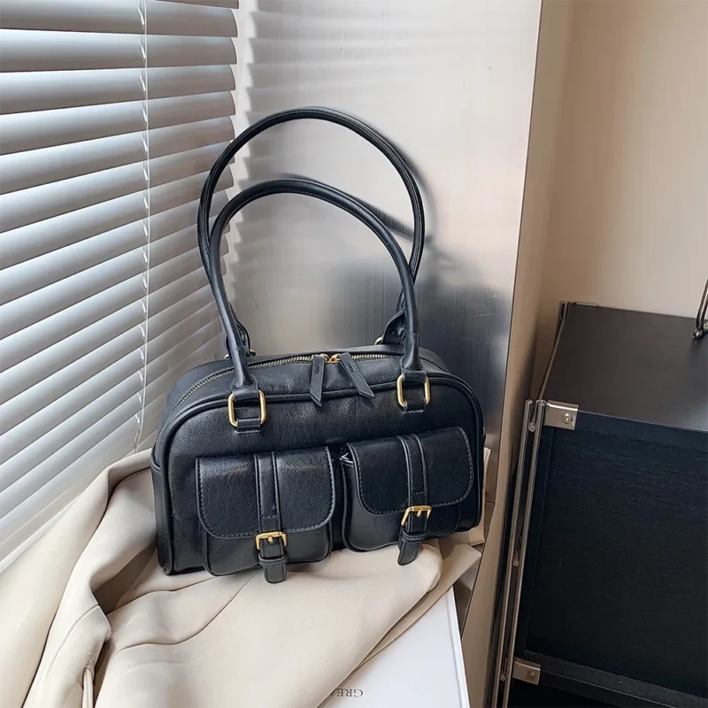 Vintage PU Leather Boston Shoulder Tote Bag with Double Pockets - Retro Underarm Sling for Women - Image 5