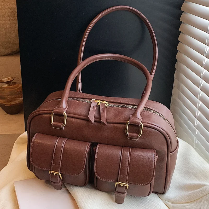 Vintage PU Leather Boston Shoulder Tote Bag with Double Pockets - Retro Underarm Sling for Women - Image 7