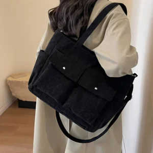 Corduroy Tote Bag with Multiple Pockets - Large Capacity Shoulder Bag for Women Commuters