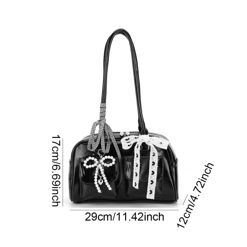 Y2K Bow Knot PU Leather Shoulder Bag - Sweet Underarm Tote with Double Pockets for Women - Image 6