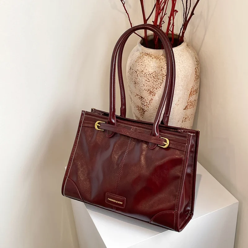 Premium PU Leather Work Tote Bag with Shoulder Straps - Professional Red Commuter Handbag for Women - Image 2
