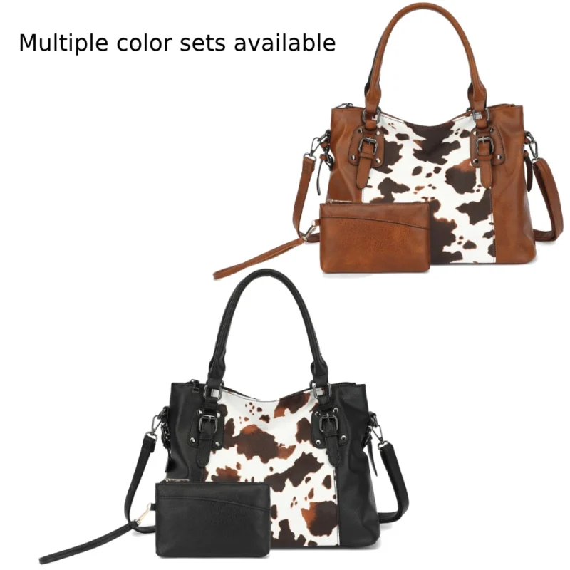 PU Leather Work Tote Bag Set with Cow Print Pattern - Professional 2-Piece Shoulder Bag with Multi-Pockets
