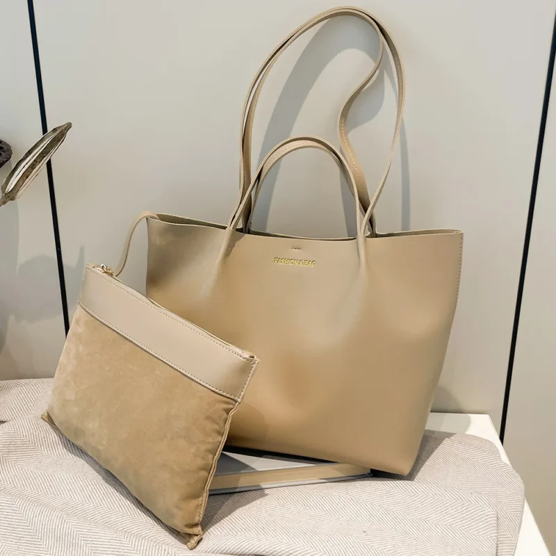 Faux Leather Tote Work Bag with Pouch - Professional Large Capacity Shoulder Handbag for Women - Image 9
