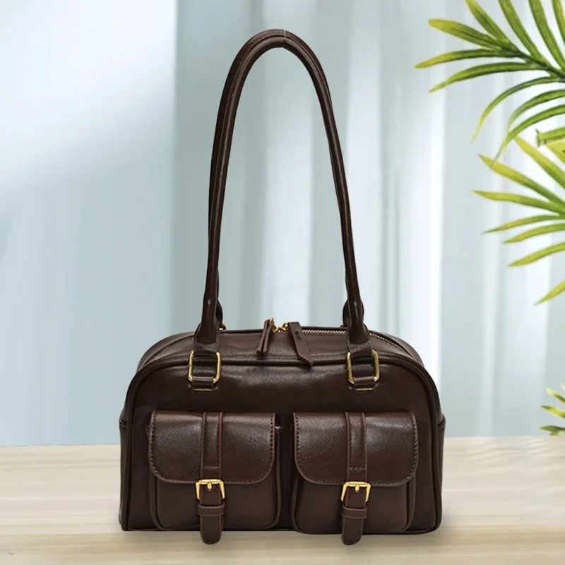 Vintage PU Leather Boston Shoulder Tote Bag with Double Pockets - Retro Underarm Sling for Women - Image 9