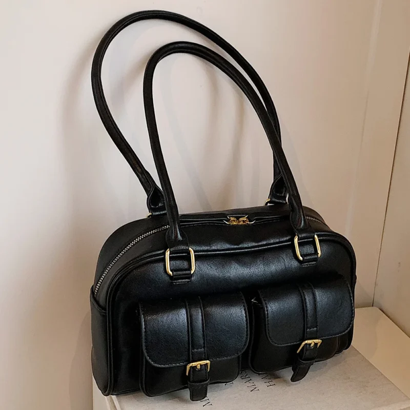 Vintage PU Leather Boston Shoulder Tote Bag with Double Pockets - Retro Underarm Sling for Women - Image 3