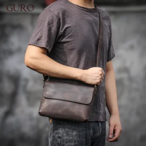 Vintage Crazy Horse Leather Messenger Bag with iPad 8" Compartment for Men - Professional Crossbody Flap Satchel