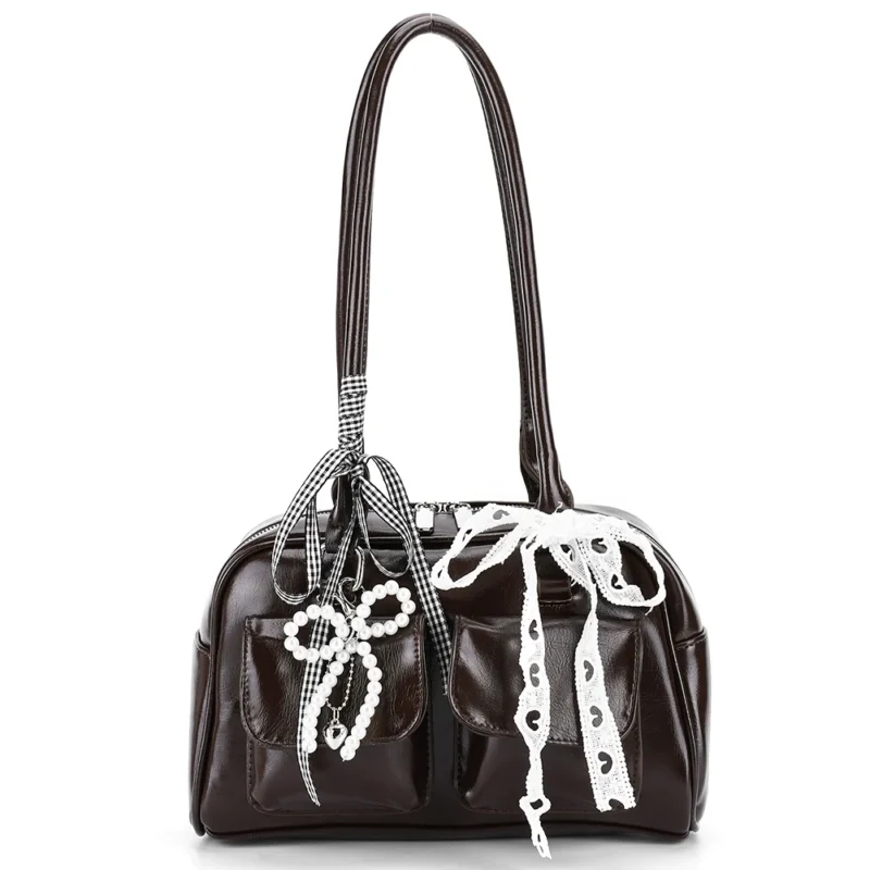 Y2K Bow Knot PU Leather Shoulder Bag - Sweet Underarm Tote with Double Pockets for Women - Image 13
