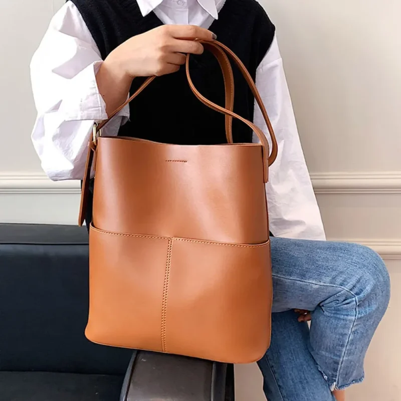 Vegan Leather Bucket Bag Multi-Pocket Shoulder Tote for Women - Professional Everyday Hobo Handbag - Image 3