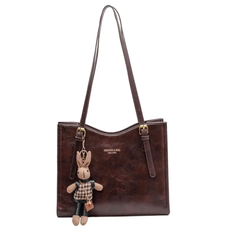 Vintage PU Leather Slouchy Tote Shoulder Bag with Pendant - Women's Fashion Travel Handbag - Image 3