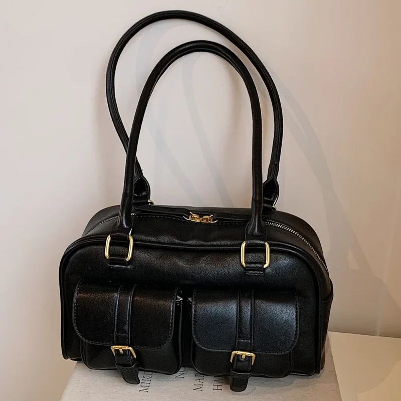 Vintage PU Leather Boston Shoulder Tote Bag with Double Pockets - Retro Underarm Sling for Women - Image 2