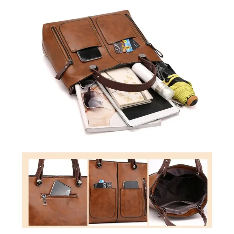 Vintage PU Leather Work Tote Bag with Multi-Pockets for Women - Professional Large Capacity Shoulder Bag - Image 3