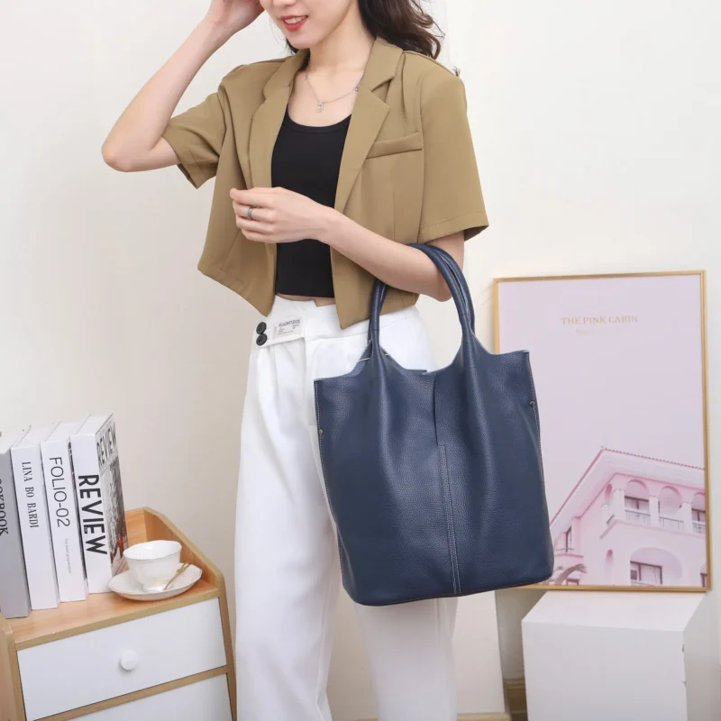 Full Grain Cowhide Leather Work Tote with Dual Straps - Professional Women's Bucket Bag - Image 13