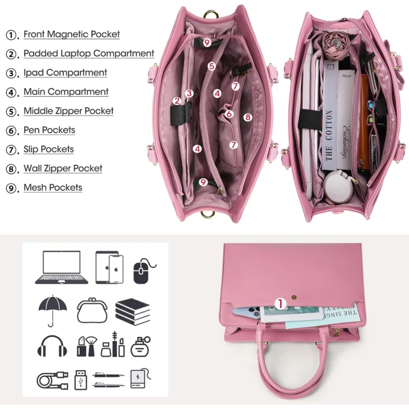 Premium Vegan Leather Laptop Tote Bag for Women - Professional 15.6" Business Briefcase with Waterproof Protection - Image 5