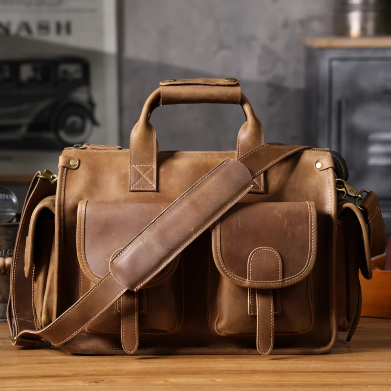 Crazy Horse Cowhide Leather Briefcase with 14-inch Laptop Compartment - Vintage Professional Messenger Bag - Image 8