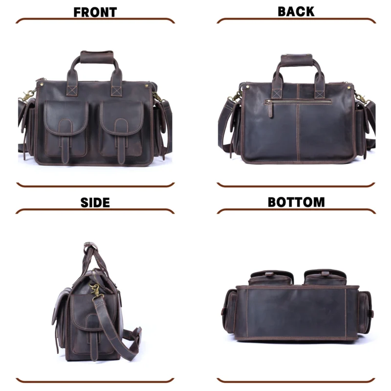 Crazy Horse Cowhide Leather Briefcase with 14-inch Laptop Compartment - Vintage Professional Messenger Bag - Image 4