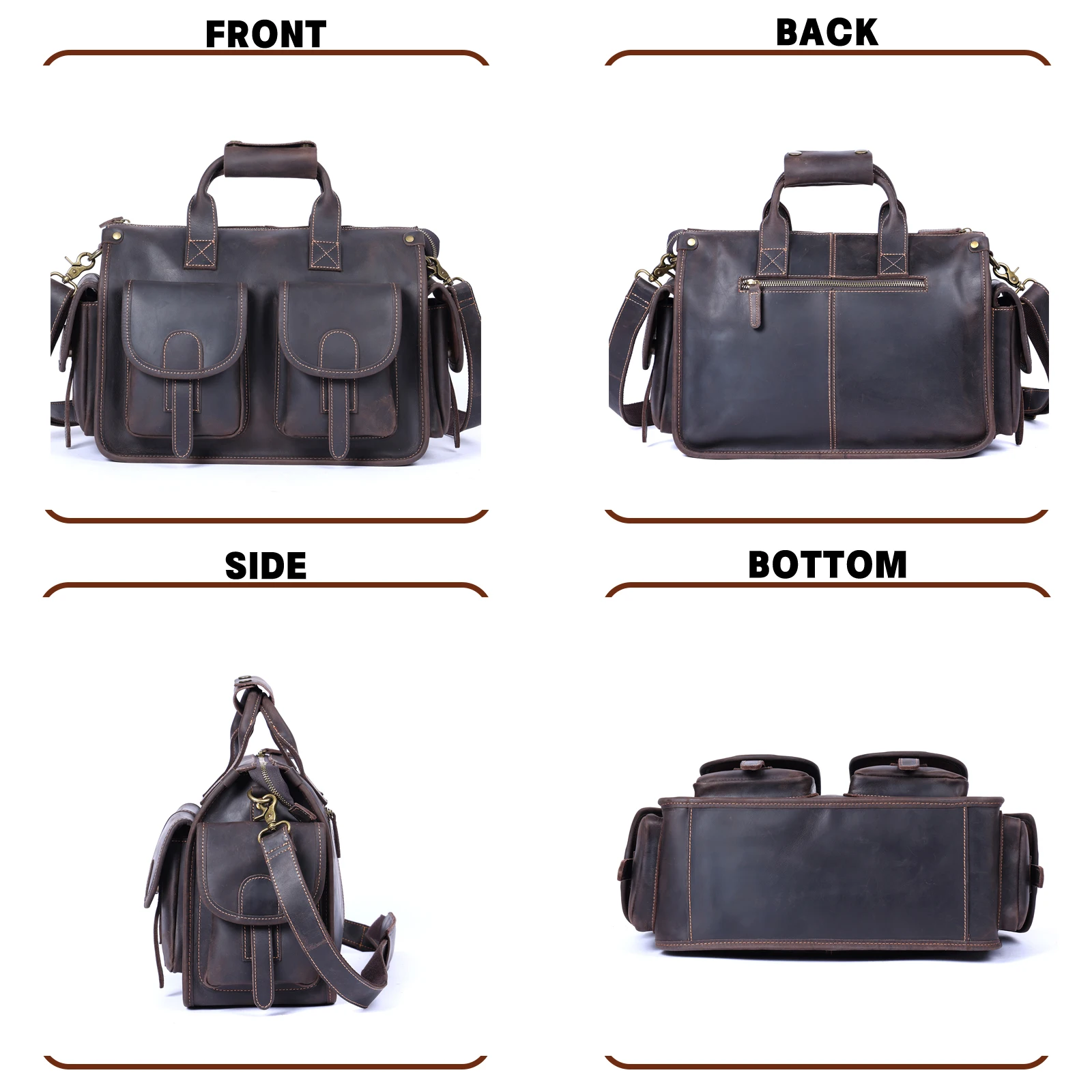 Professional leather laptop messenger bag with multiple organizational features