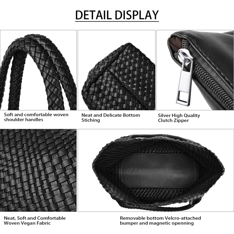 Woven Vegan Leather Tote Bag with Shoulder Straps - Fashion Summer Beach Travel Handbag - Image 4