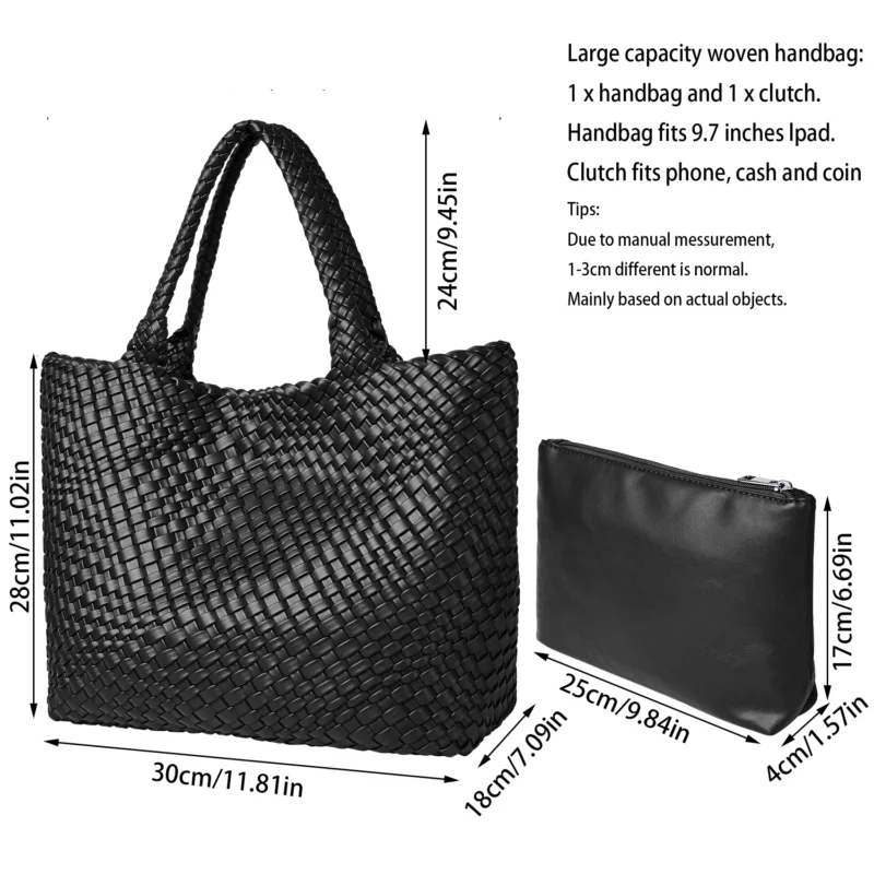 Woven Vegan Leather Tote Bag with Shoulder Straps - Fashion Summer Beach Travel Handbag - Image 3