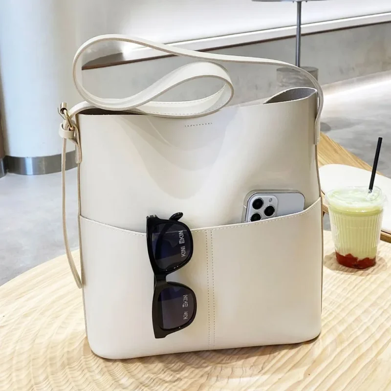 Vegan Leather Bucket Bag Multi-Pocket Shoulder Tote for Women - Professional Everyday Hobo Handbag - Image 4