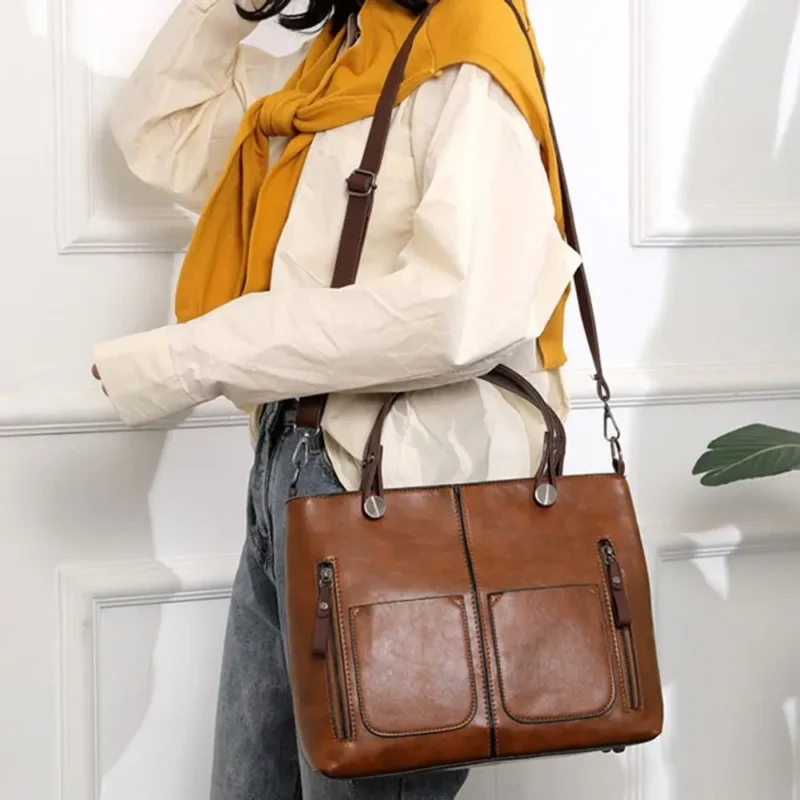 Vintage PU Leather Work Tote Bag with Multi-Pockets for Women - Professional Large Capacity Shoulder Bag - Image 2