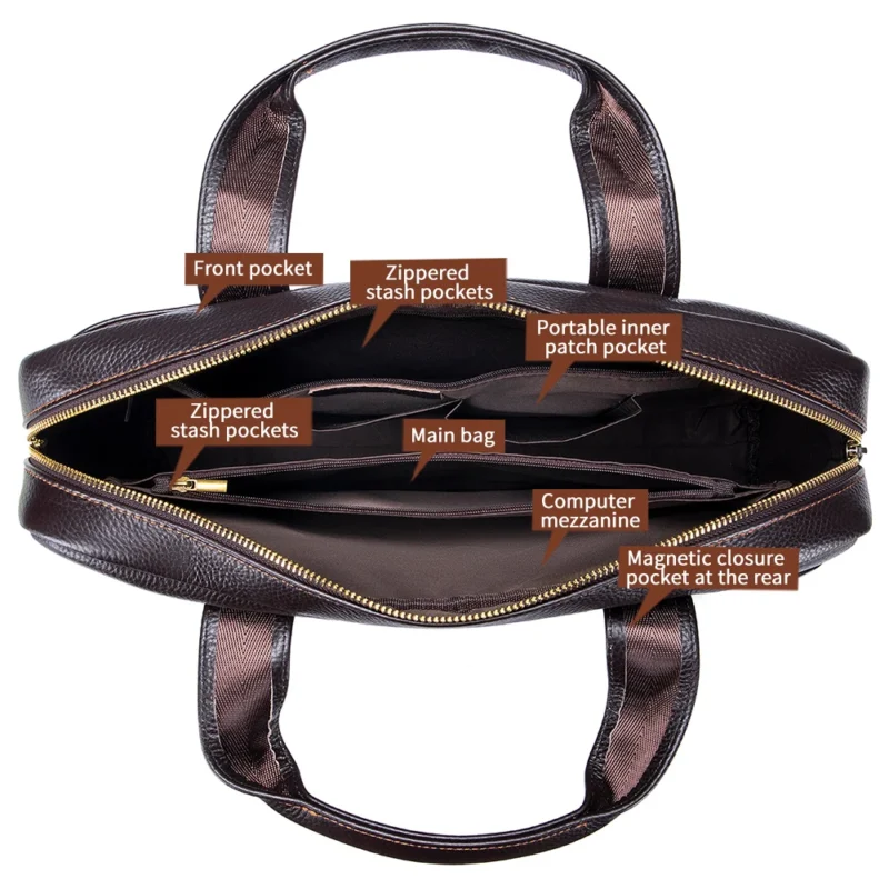 Full Grain Cowhide Leather Briefcase with Laptop Compartment - Professional Business Messenger Bag - Image 5