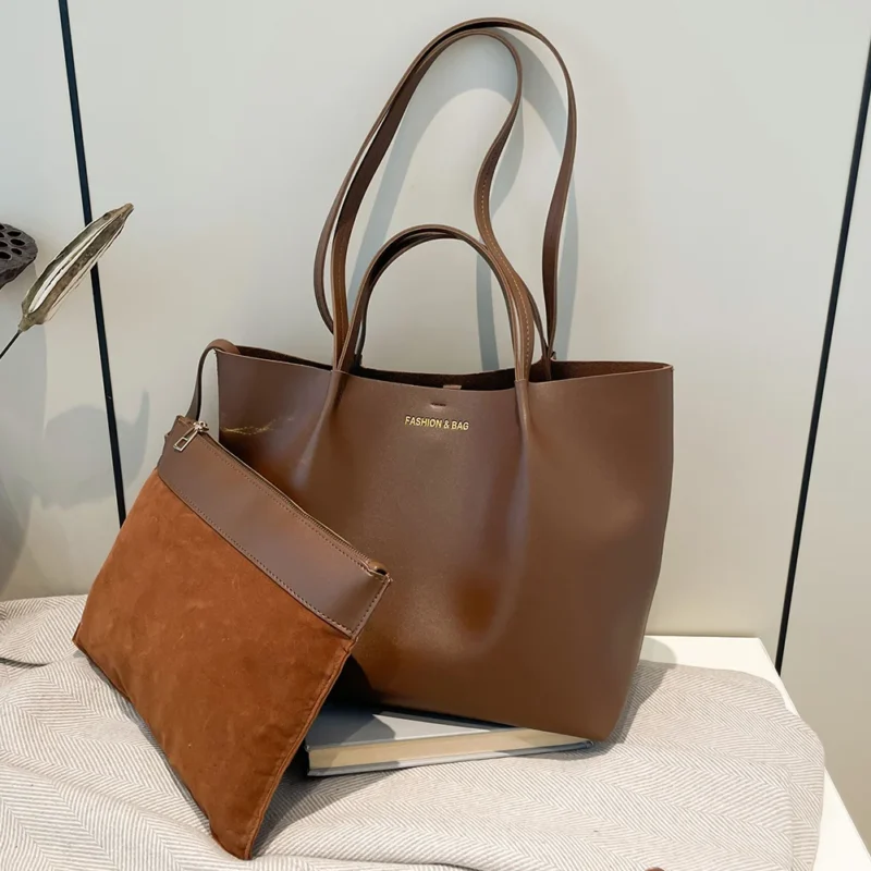 Faux Leather Tote Work Bag with Pouch - Professional Large Capacity Shoulder Handbag for Women - Image 10
