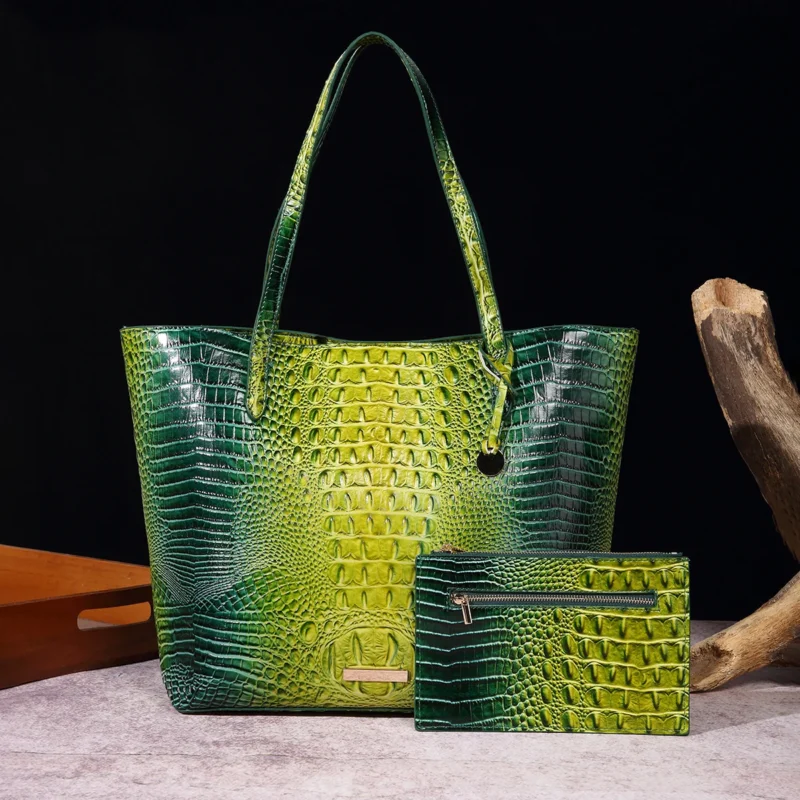 Crocodile Pattern Vegan Leather Work Tote with Matching Pouch - Professional Women's Shoulder Bag - Image 15