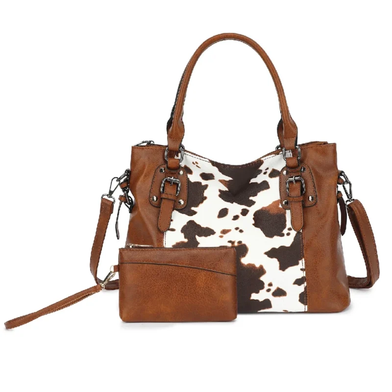PU Leather Work Tote Bag Set with Cow Print Pattern - Professional 2-Piece Shoulder Bag with Multi-Pockets - Image 8