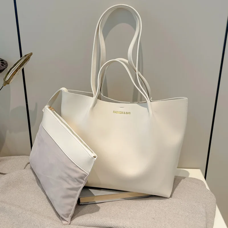 Faux Leather Tote Work Bag with Pouch - Professional Large Capacity Shoulder Handbag for Women - Image 7