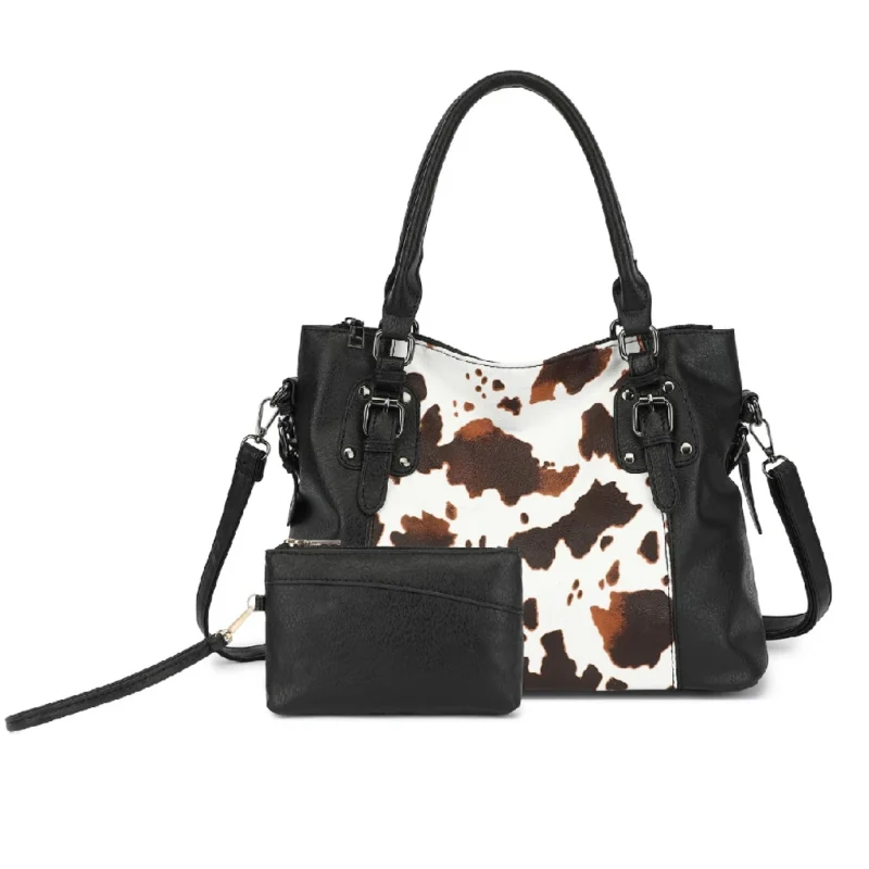 PU Leather Work Tote Bag Set with Cow Print Pattern - Professional 2-Piece Shoulder Bag with Multi-Pockets - Image 7